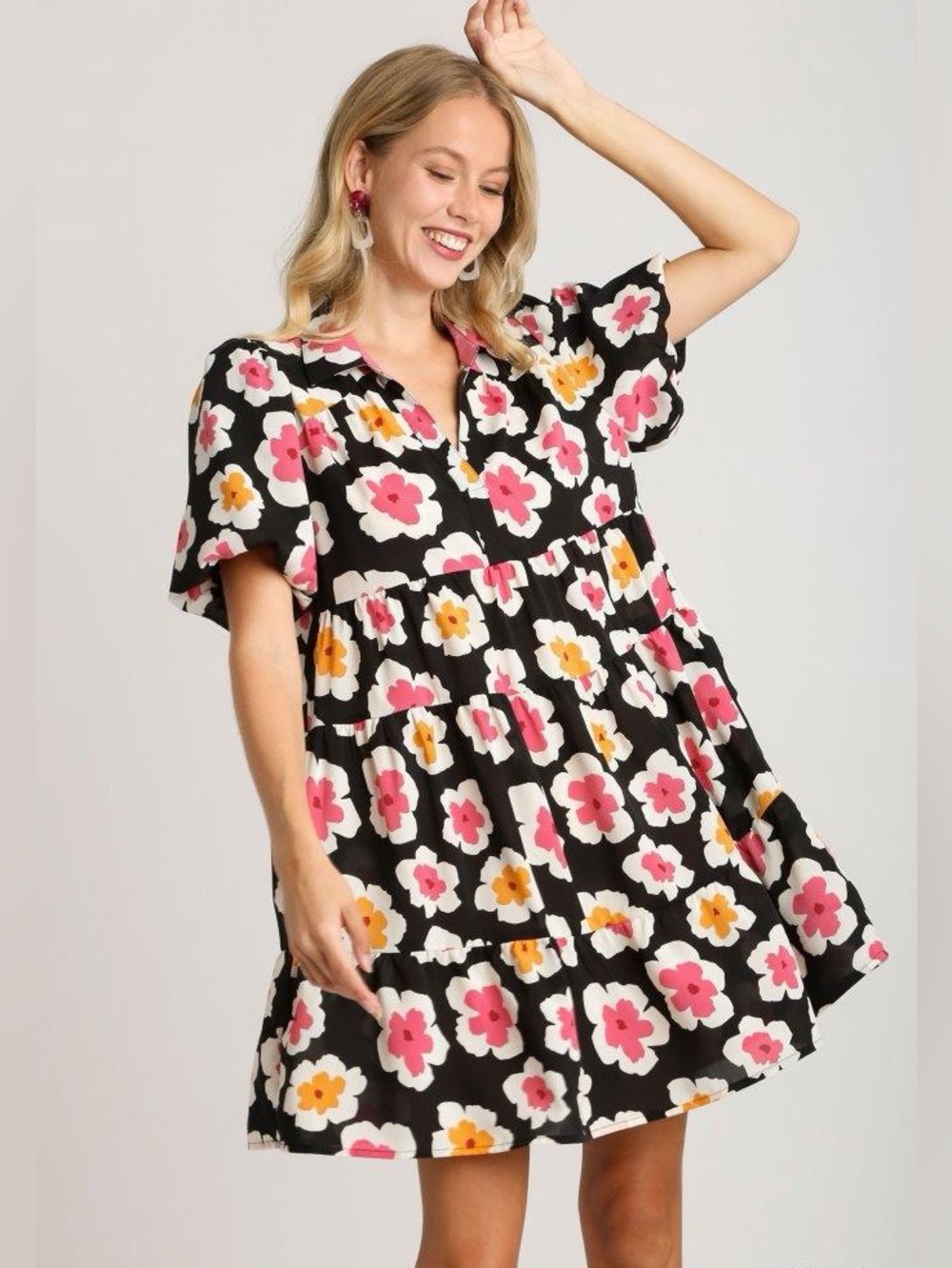 Umgee Black Floral Dress with Pink and Yellow Blooms